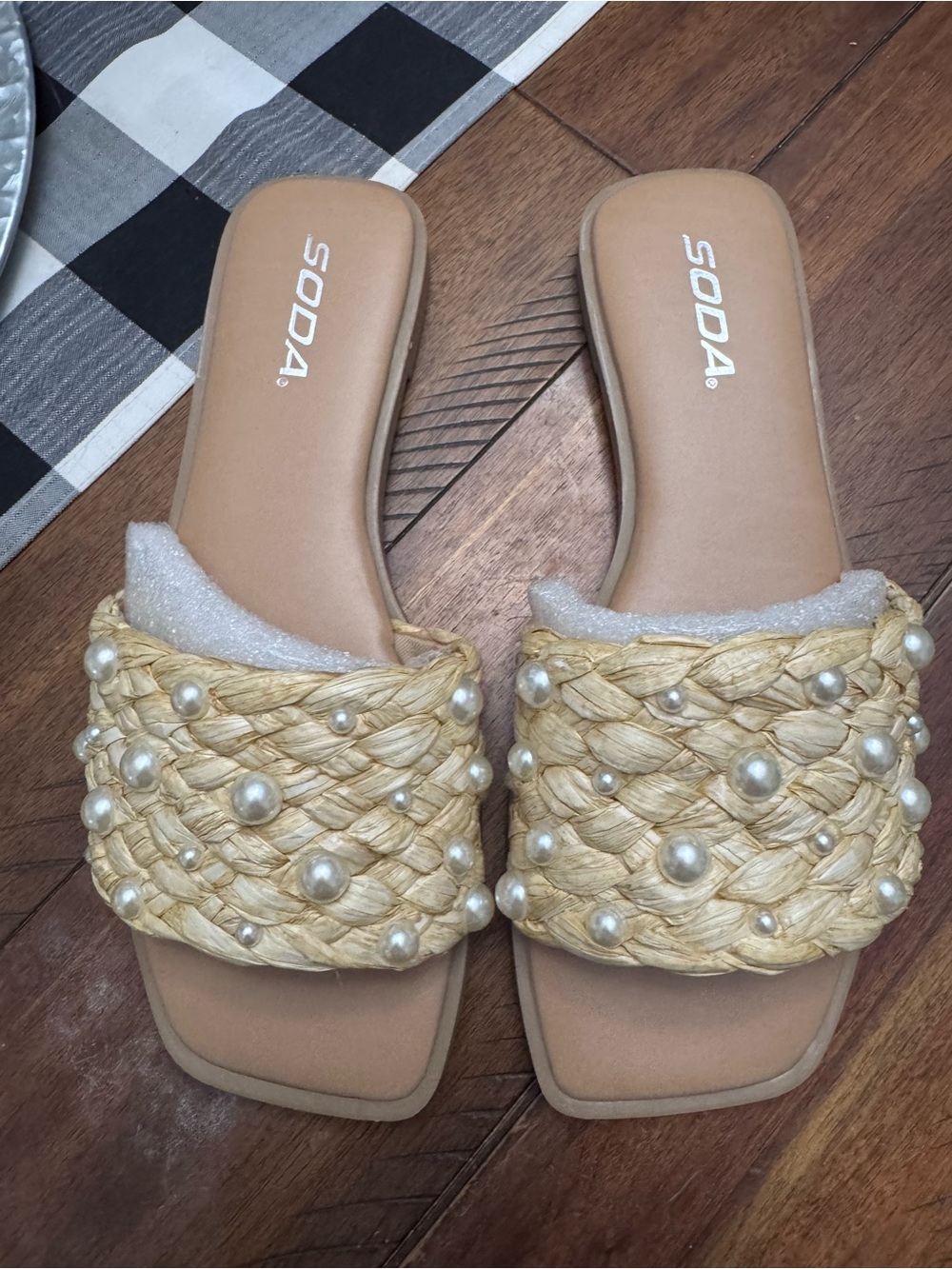 SODA Women's Pearl-Embellished Braided Slide Sandals in Natural size 7